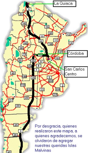 Mapa de la ruta La Quiaca - Ushuaia